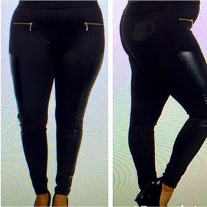 NEW!! Black leggings with pleather side strip and upper gold zipper detail